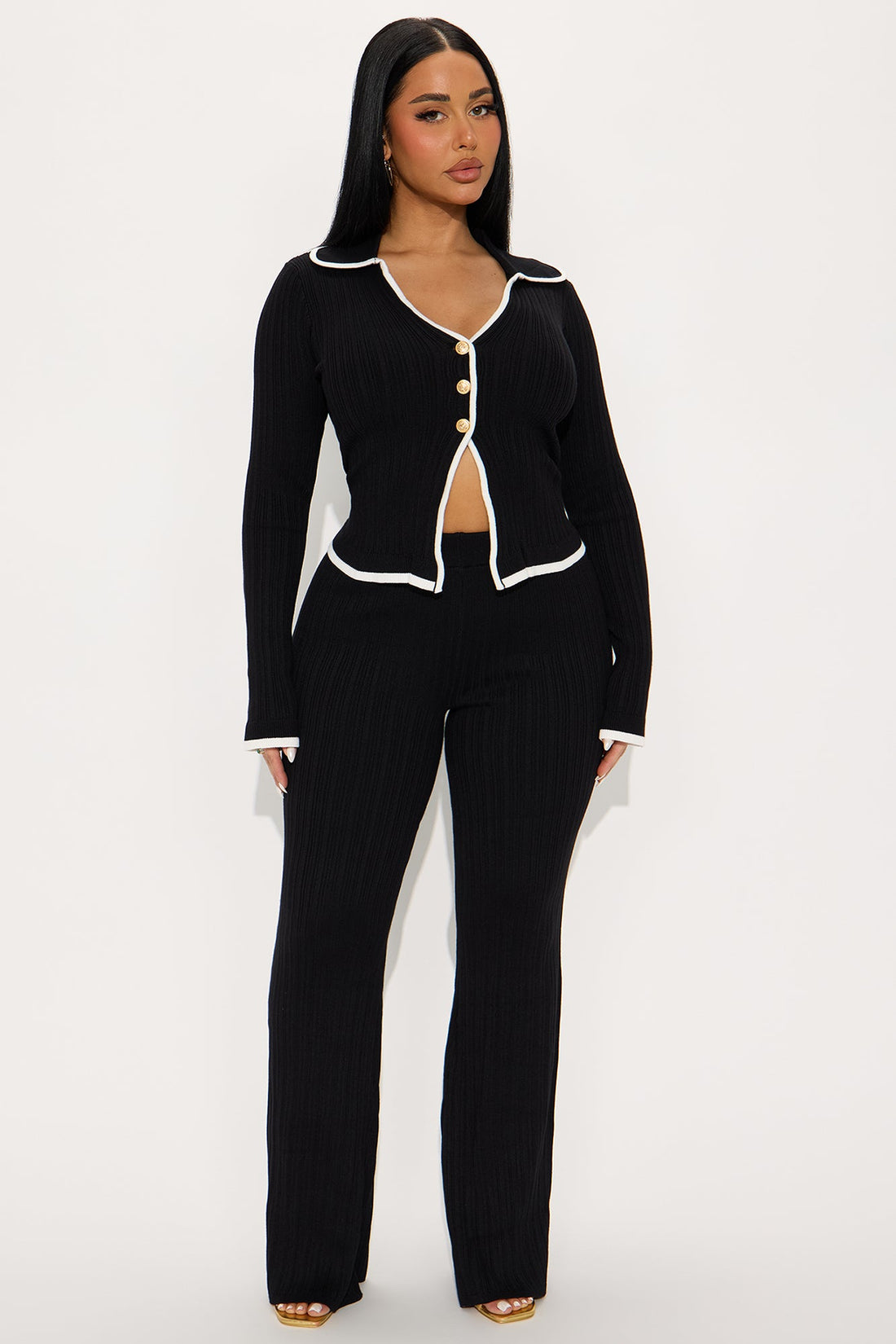 Macy Sweater Knit Flare Pant Set - Black