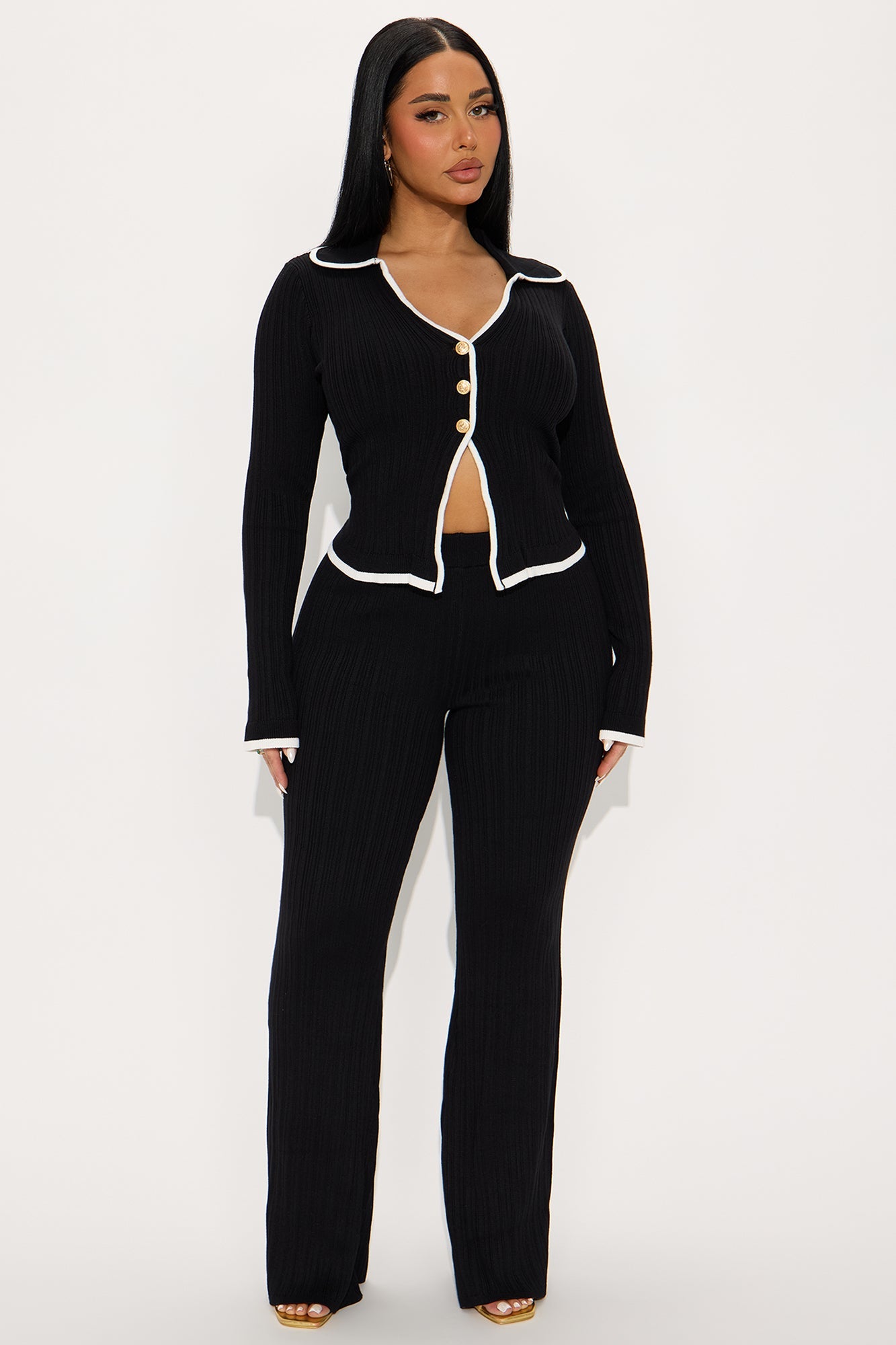 Macy Sweater Knit Flare Pant Set - Black