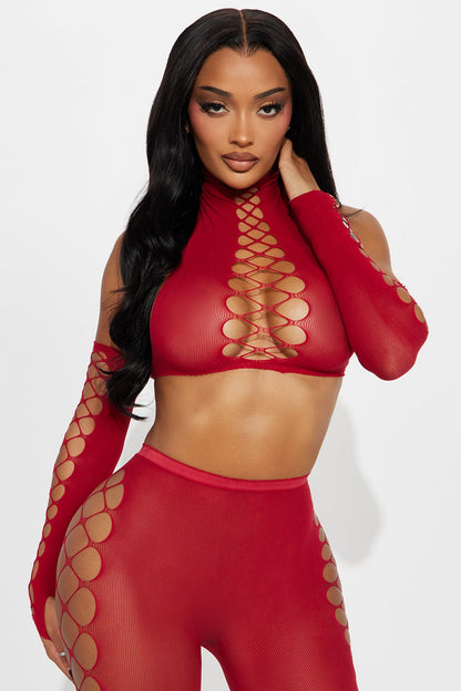 Night Out Sheer Cut 3 Piece Bodystocking Set - Red
