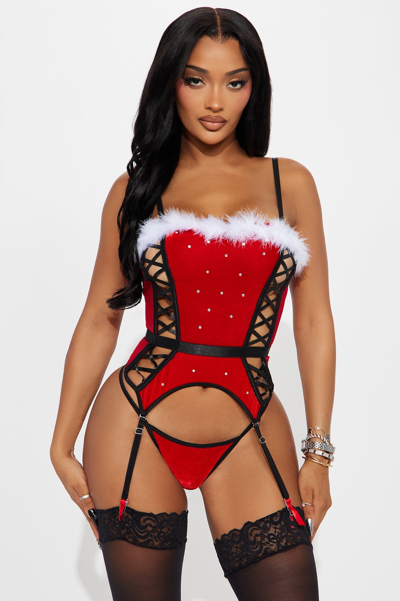 Snatched For Santa Bustier And Panty 2 Piece Set - Red/Black