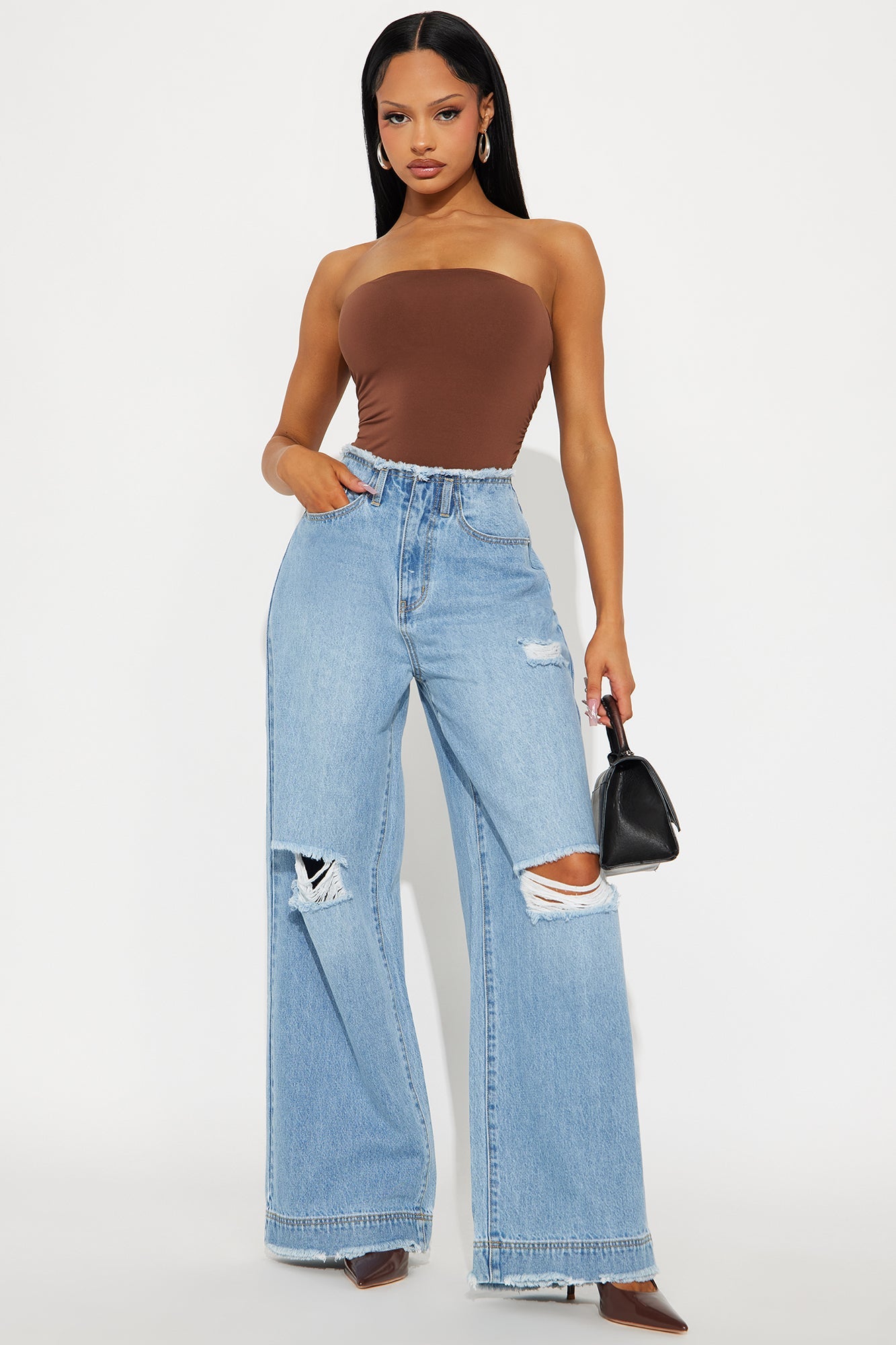 In Your Dreams Cut Off Waistband Ripped Baggy Jean - Medium Wash