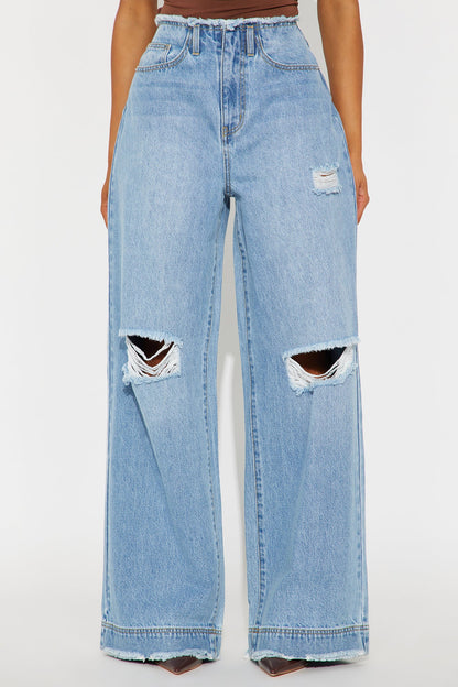 In Your Dreams Cut Off Waistband Ripped Baggy Jean - Medium Wash