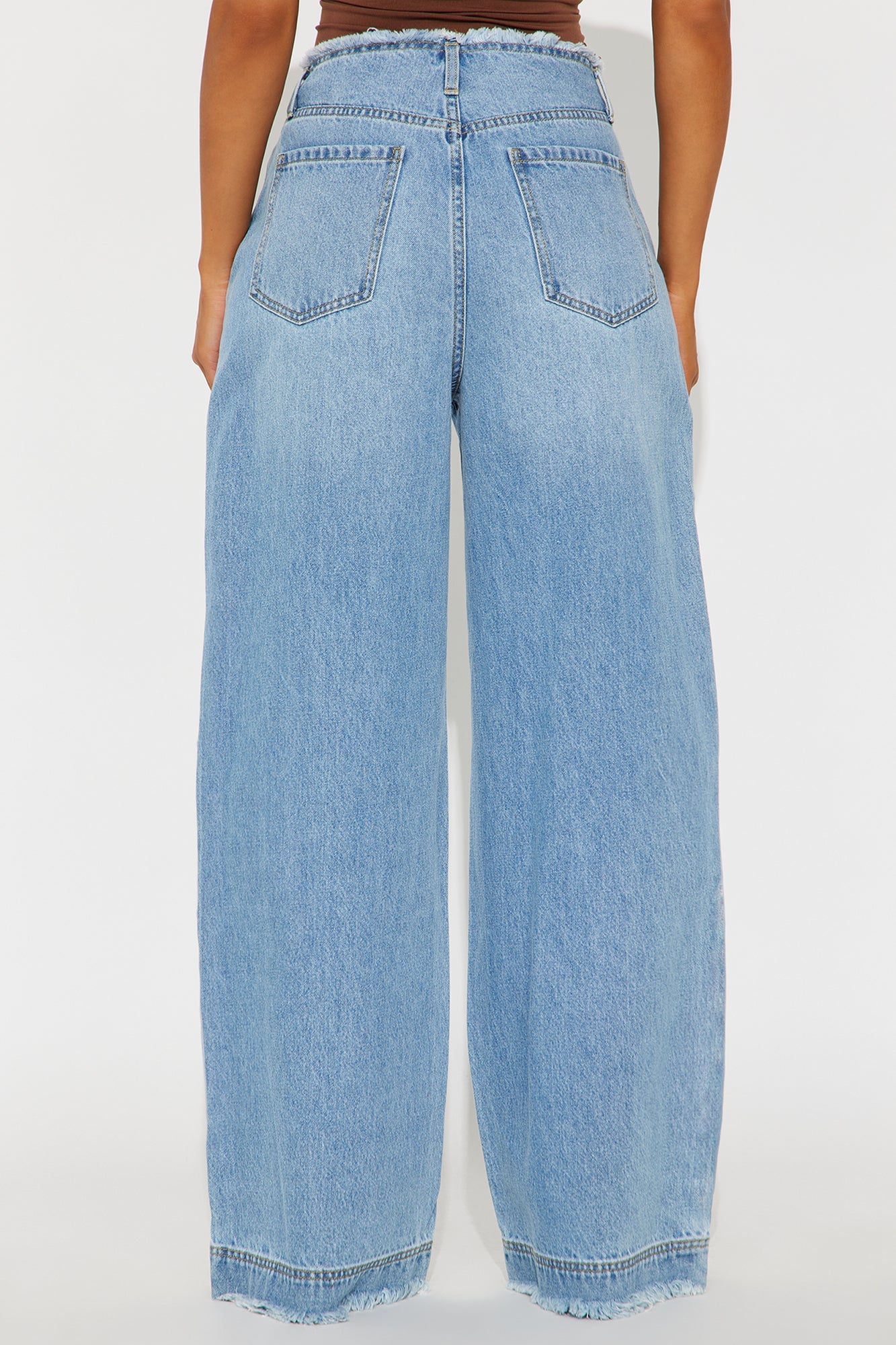 In Your Dreams Cut Off Waistband Ripped Baggy Jean - Medium Wash
