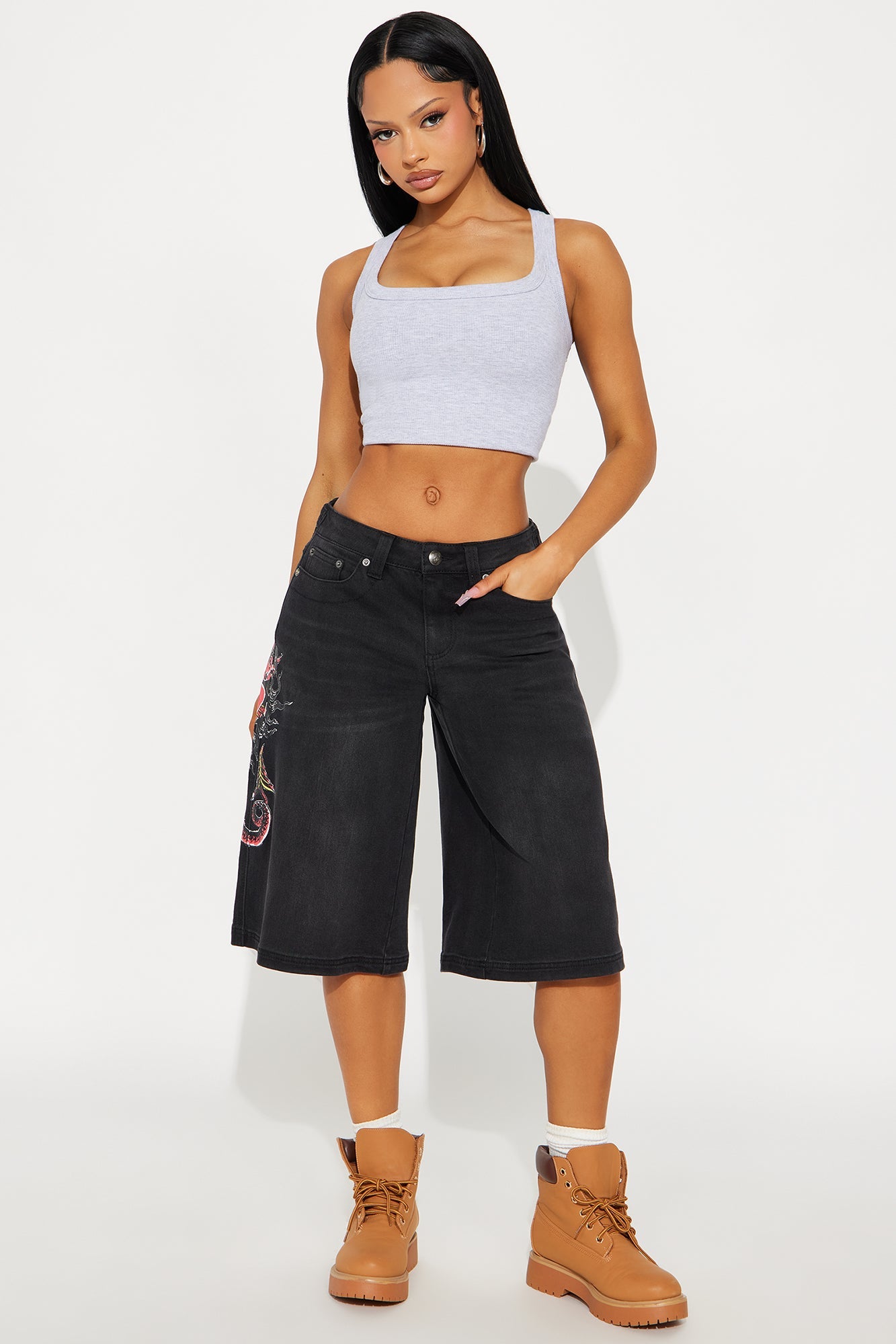 Ed Hardy Devil Mermaid Denim Jorts - Dark Grey