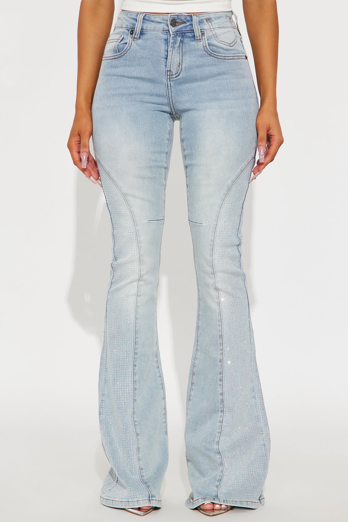 Ritzy Embellished Flare Leg Jeans - Light Wash