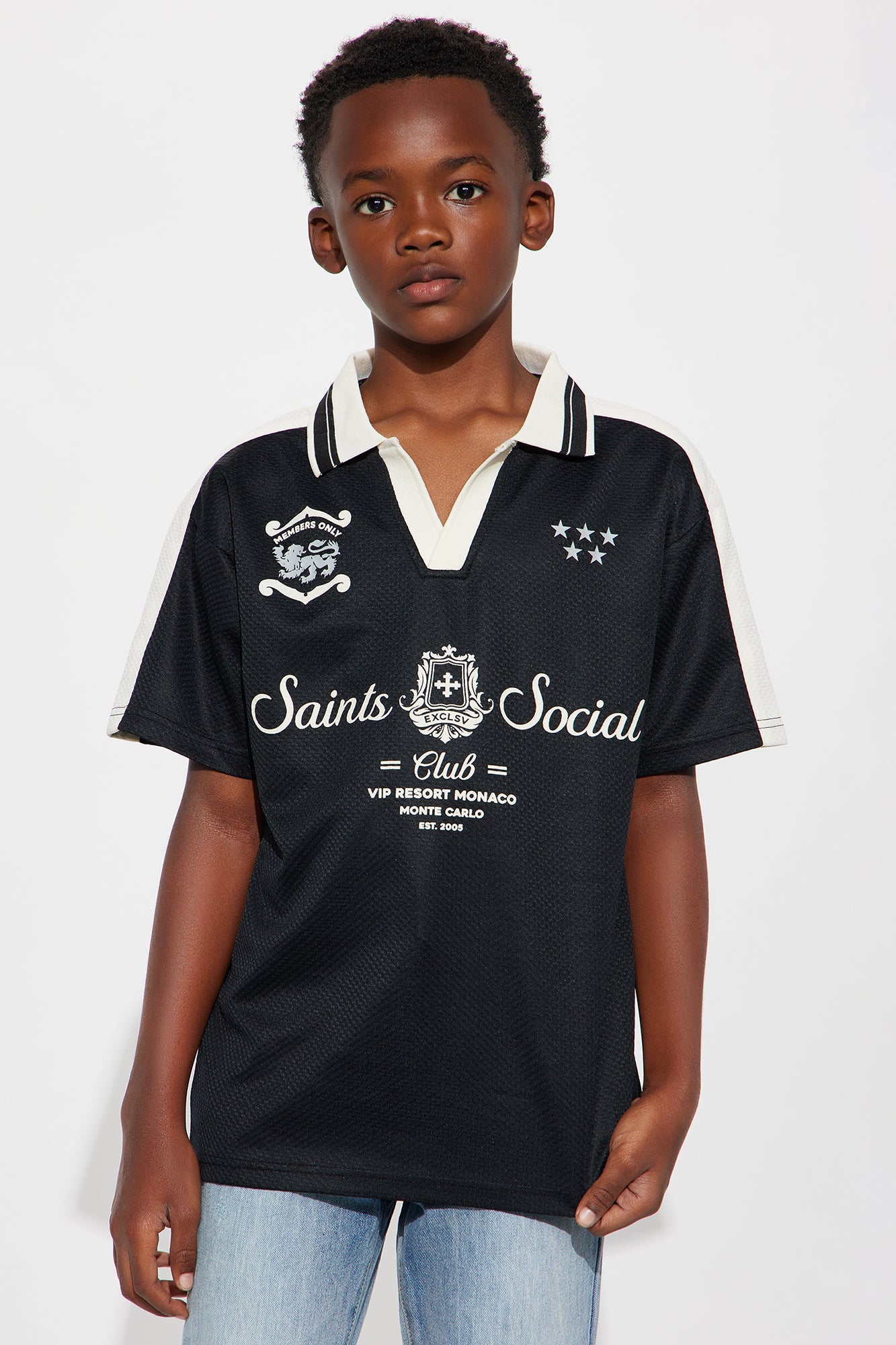 Mini Saints Social Johnny Collar Soccer Jersey - Black