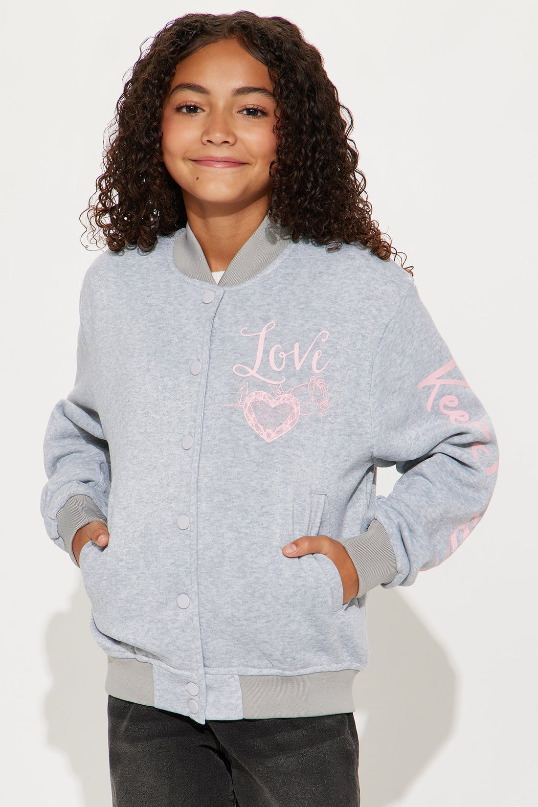 Mini Keep Smiling Love Bomber Jacket - Heather Grey