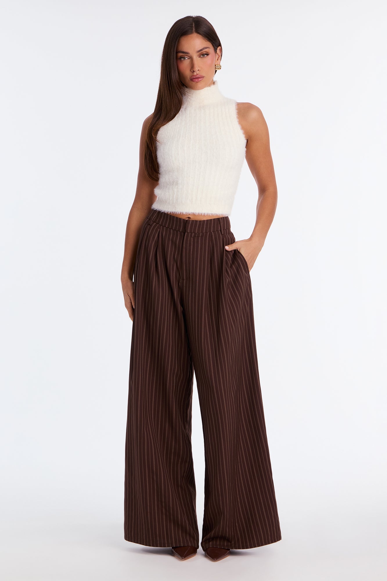 Monica High Waisted Wide Leg Trouser Pant 32″ - Brown/combo