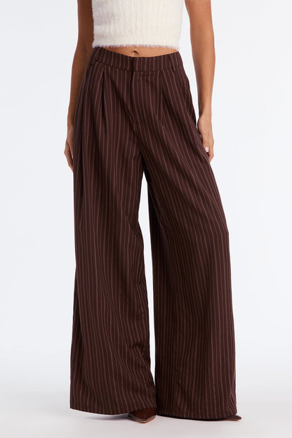 Monica High Waisted Wide Leg Trouser Pant 32″ - Brown/combo