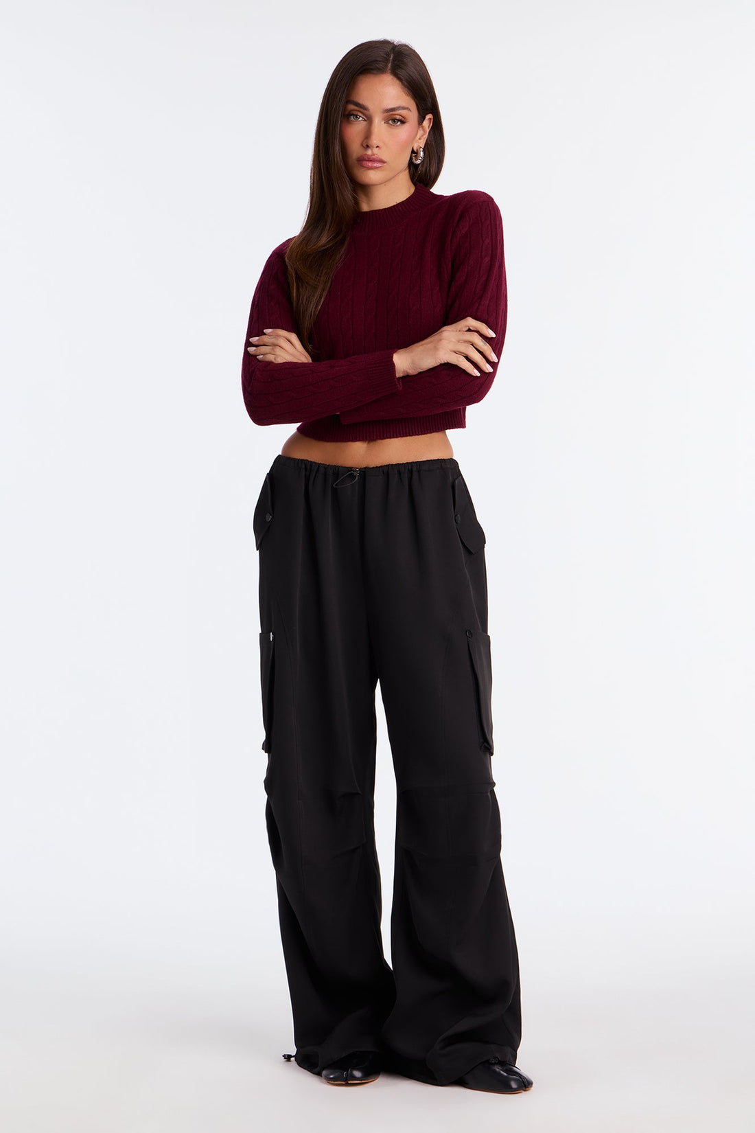 Cozy Mock Neck Cable Knit Sweater - Burgundy
