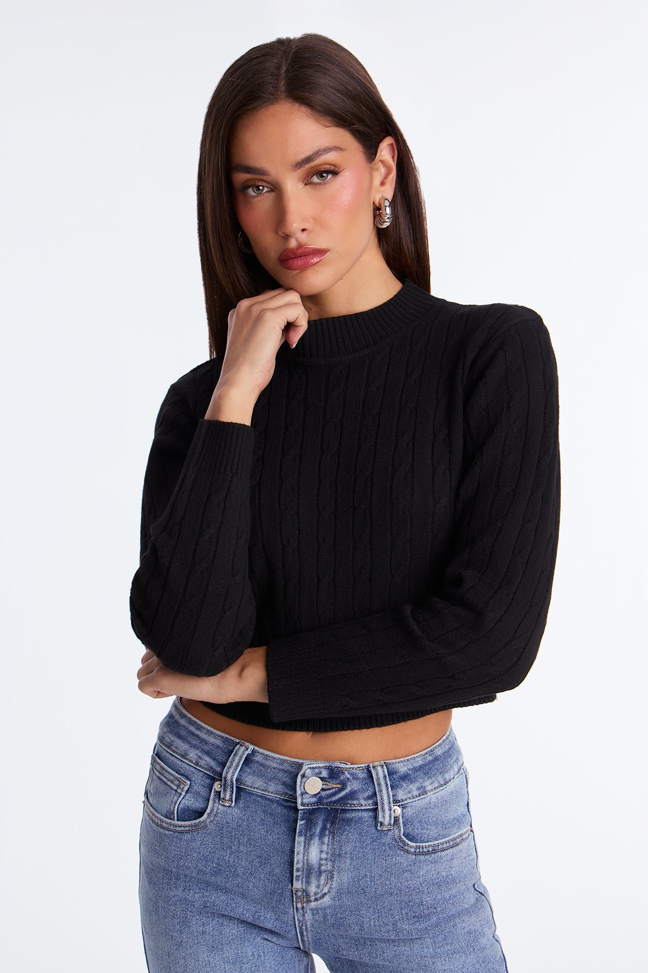 Cozy Mock Neck Cable Knit Sweater - Black