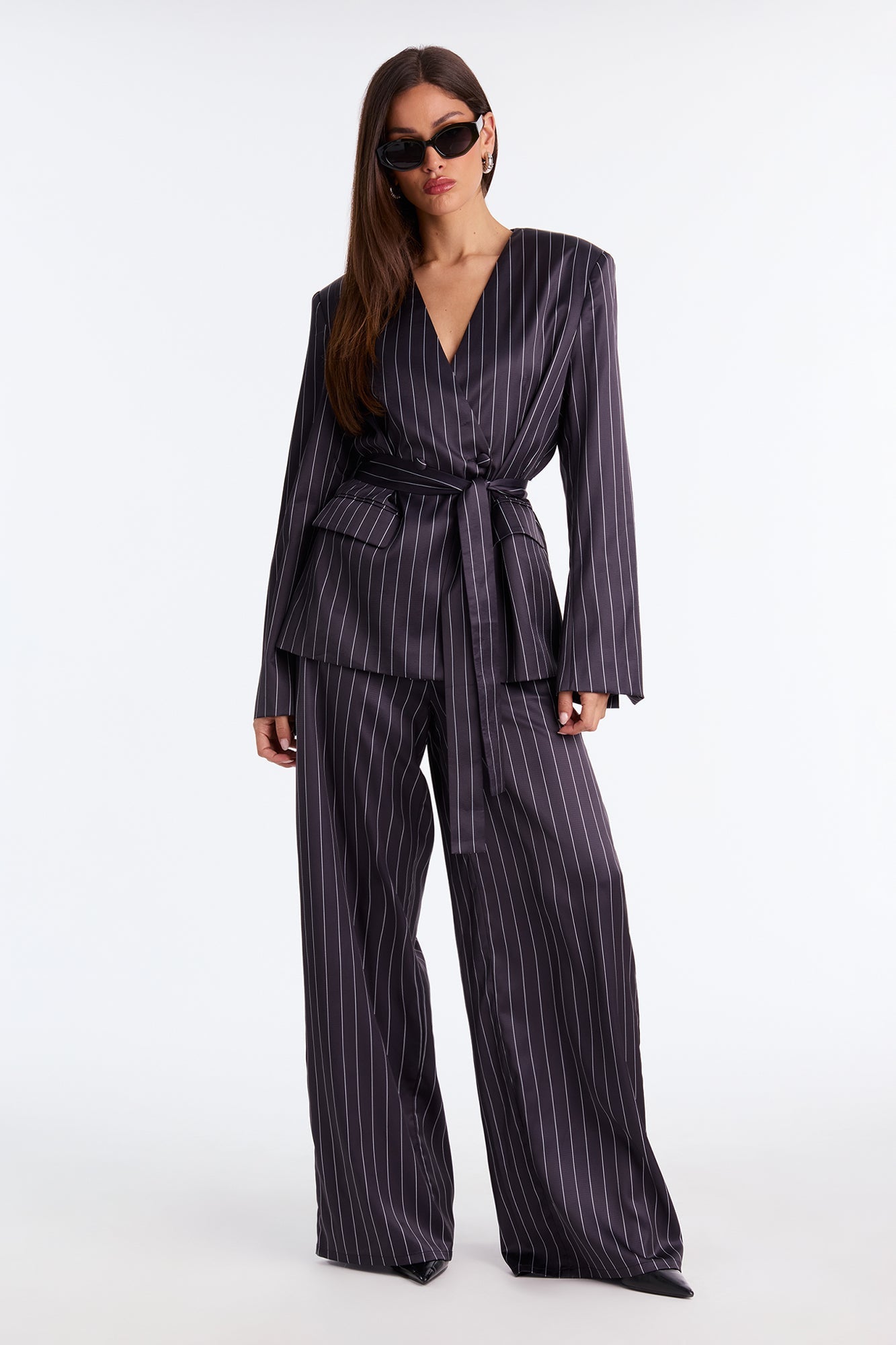 To Be Precise Pinstripe Satin Belted Blazer Pant Set - Black