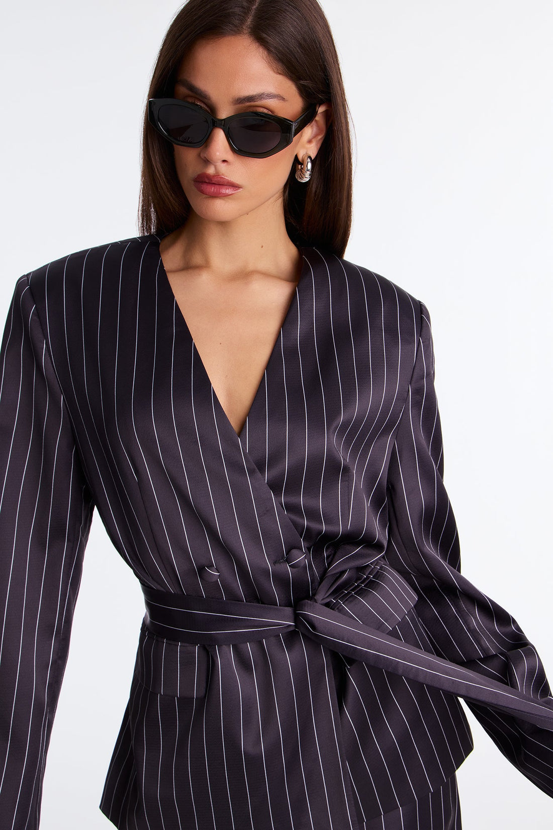 To Be Precise Pinstripe Satin Belted Blazer Pant Set - Black