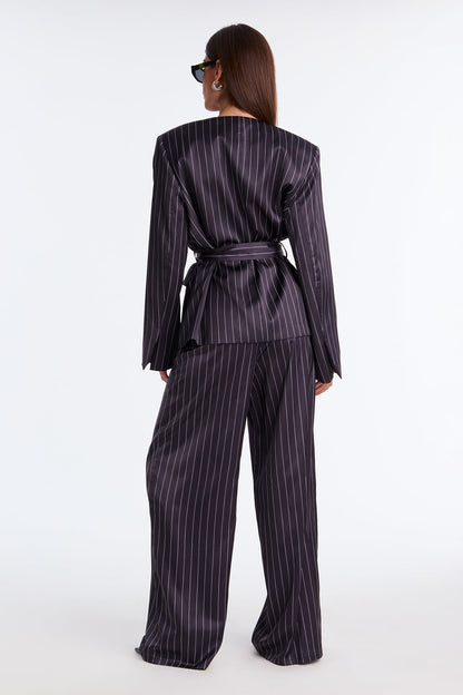 To Be Precise Pinstripe Satin Belted Blazer Pant Set - Black