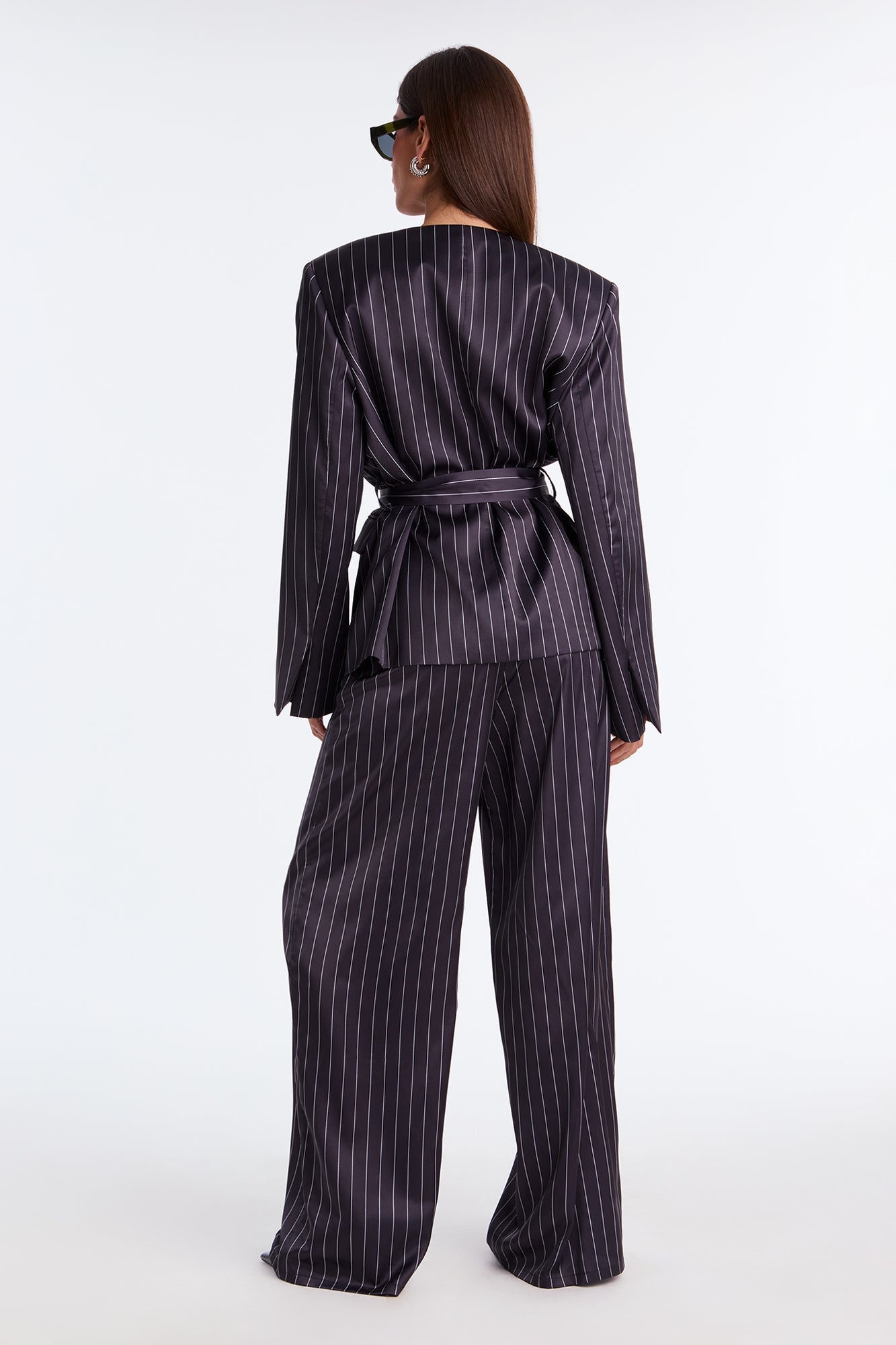 To Be Precise Pinstripe Satin Belted Blazer Pant Set - Black