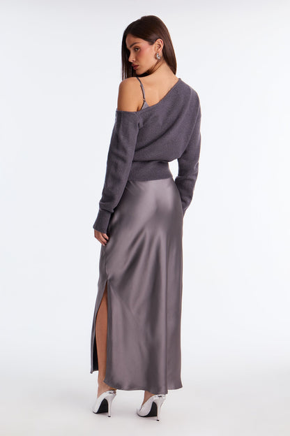 Warm Kiss Satin Sweater Maxi Dress Set - Charcoal