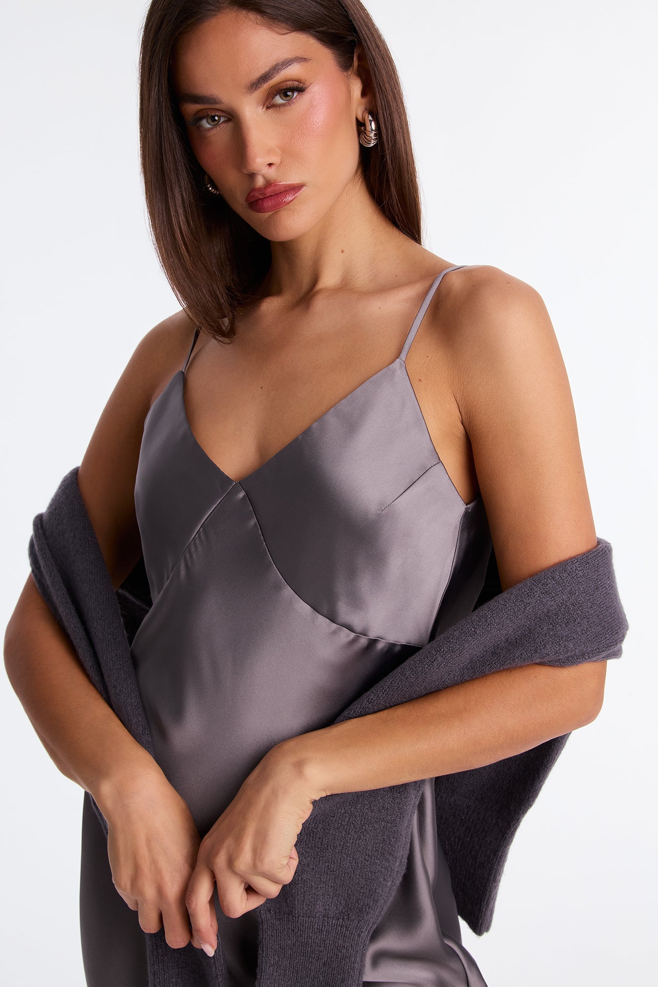 Warm Kiss Satin Sweater Maxi Dress Set - Charcoal