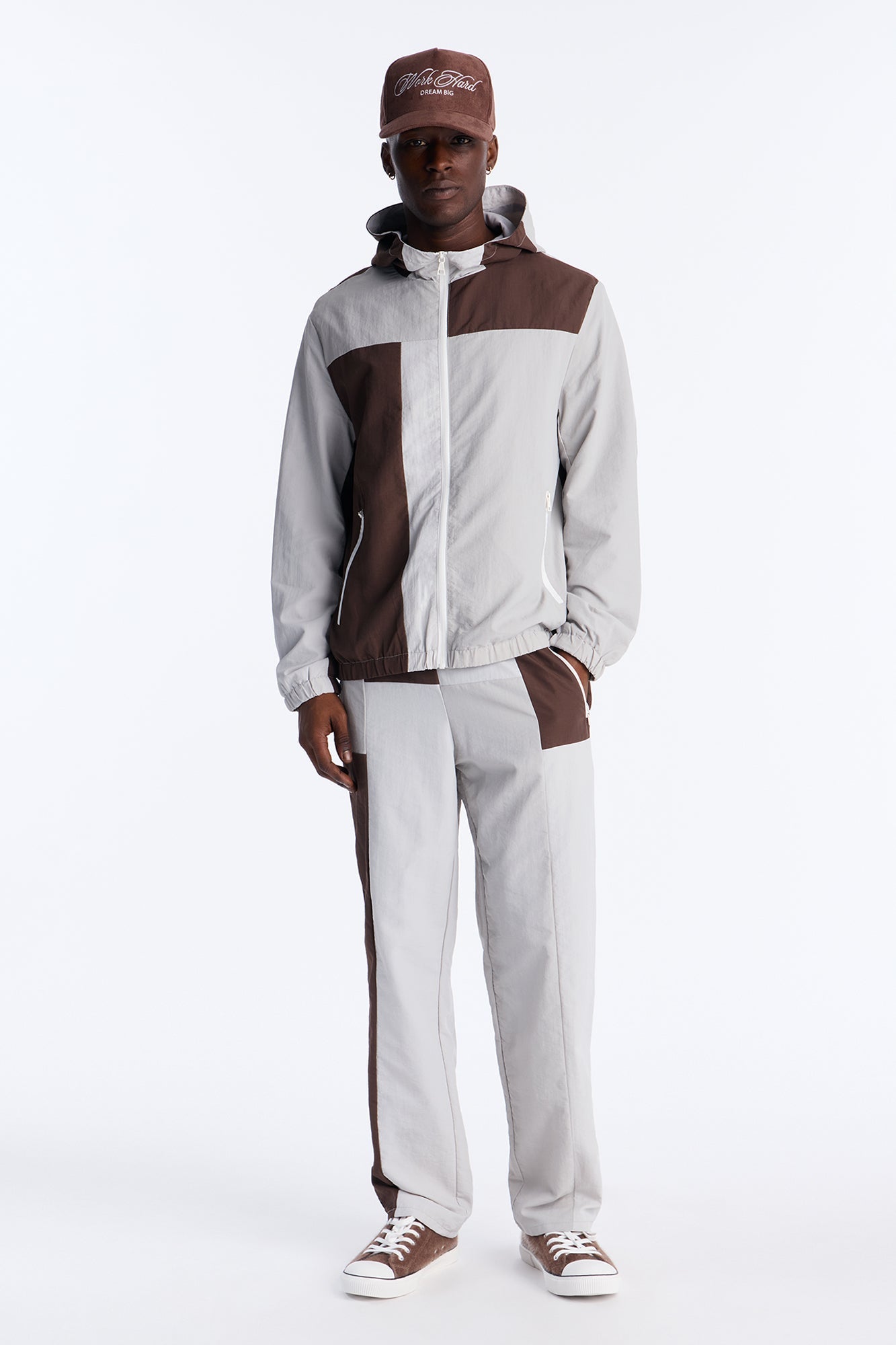 Relaxed Axel Color Block Funnel Neck Hooded Tech Jacket - Brown