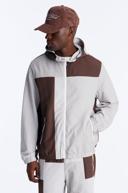 Relaxed Axel Color Block Funnel Neck Hooded Tech Jacket - Brown
