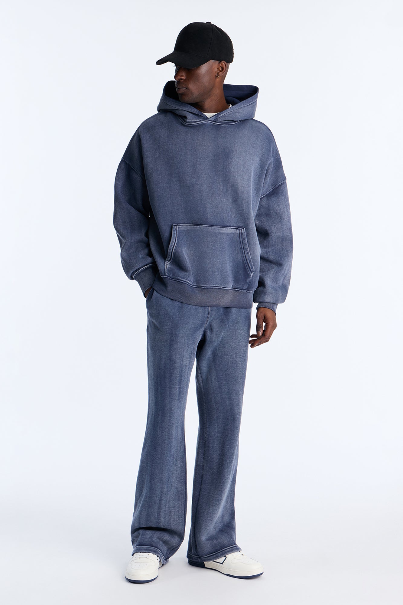 Acid Wash Heavyweight Slim Flare Sweatpants - Navy