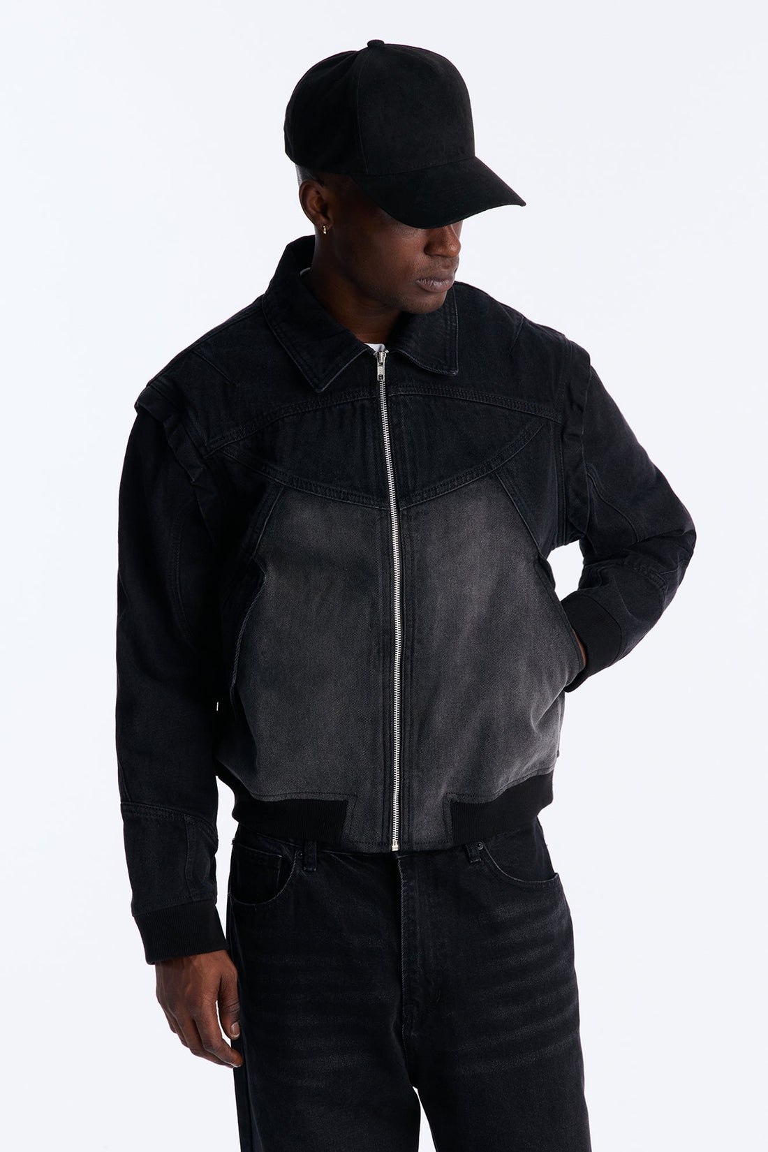 Paneled Denim Bomber Jacket - Black Wash
