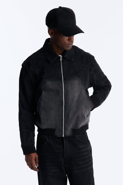 Paneled Denim Bomber Jacket - Black Wash