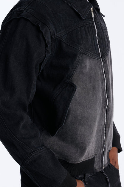 Paneled Denim Bomber Jacket - Black Wash