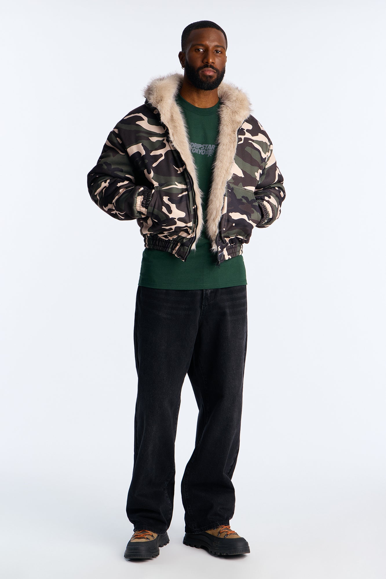 Faux Fur Hooded Zip Up Hoodie - Camouflage