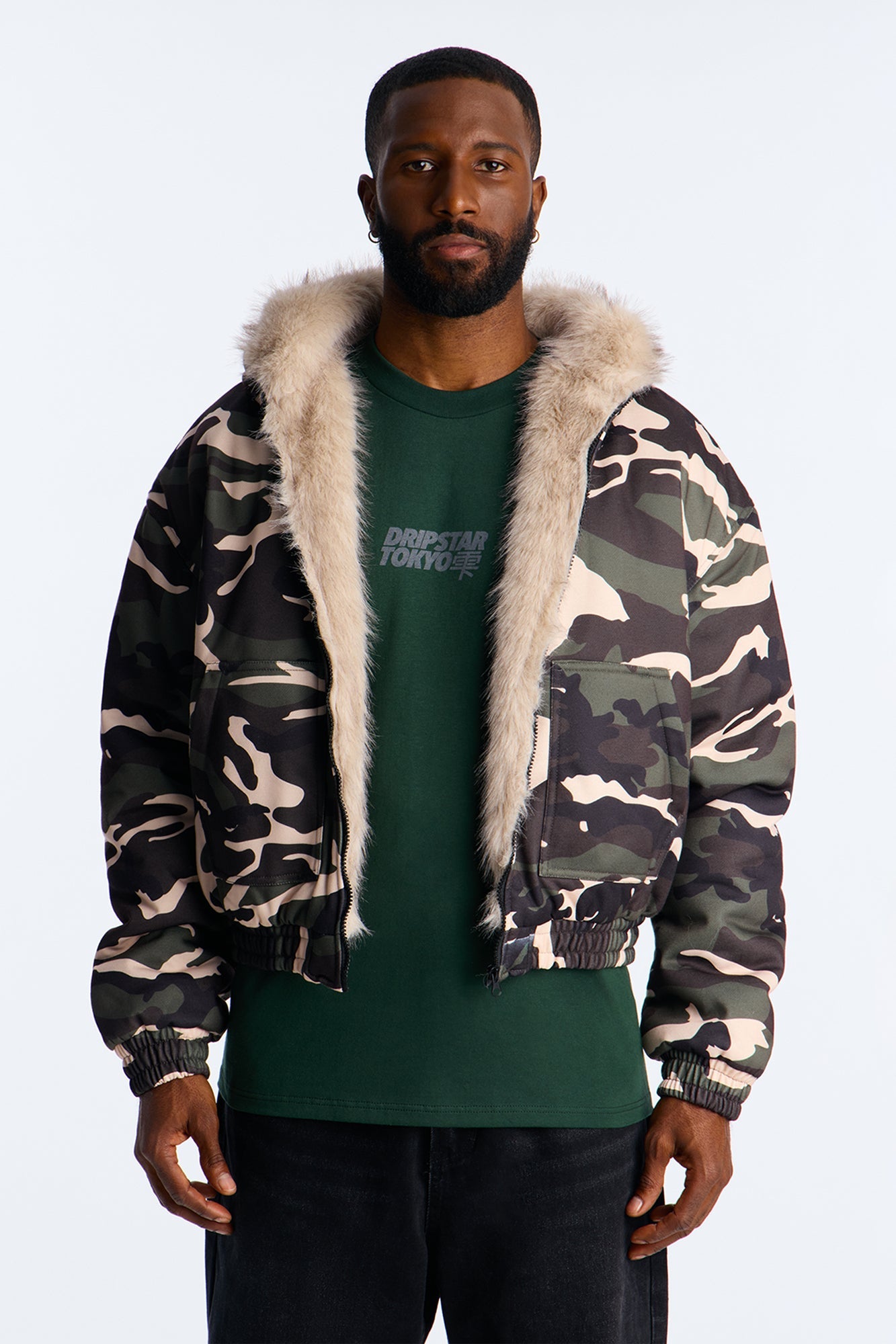 Faux Fur Hooded Zip Up Hoodie - Camouflage