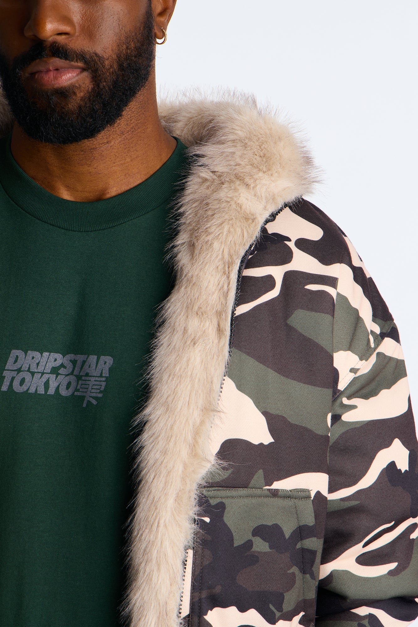 Faux Fur Hooded Zip Up Hoodie - Camouflage