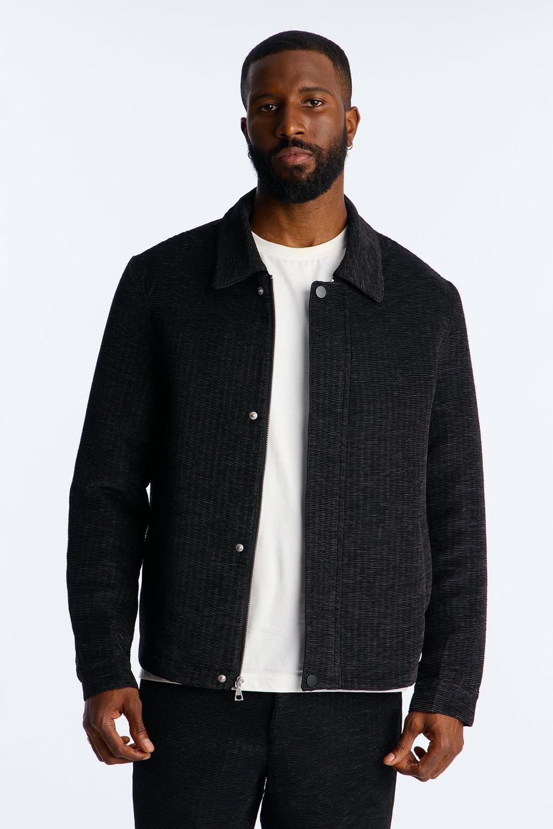 Cropped Michael Textured Hidden Snap Work Jacket - Black
