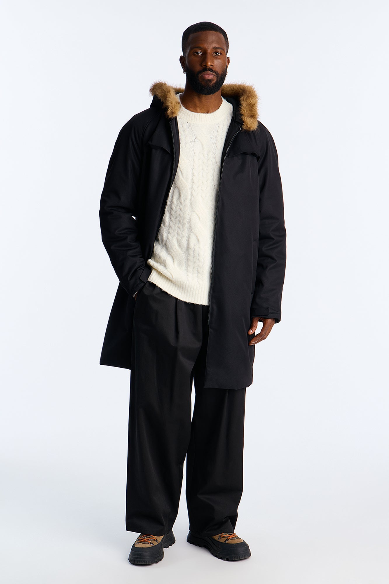Padded Hooded Faux Trim Iced Out Parka - Black
