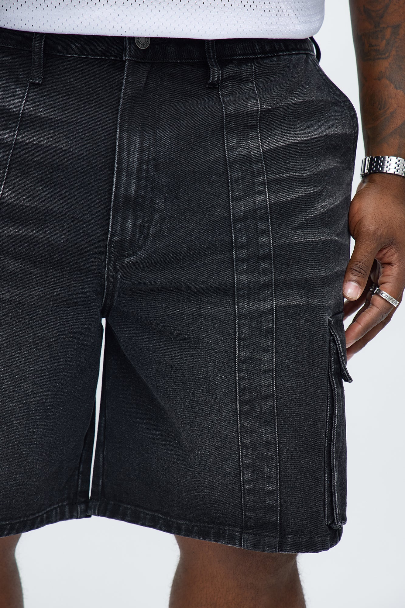 Relaxed Catch Me Camping Paneled Denim Cargo Short - Black Wash