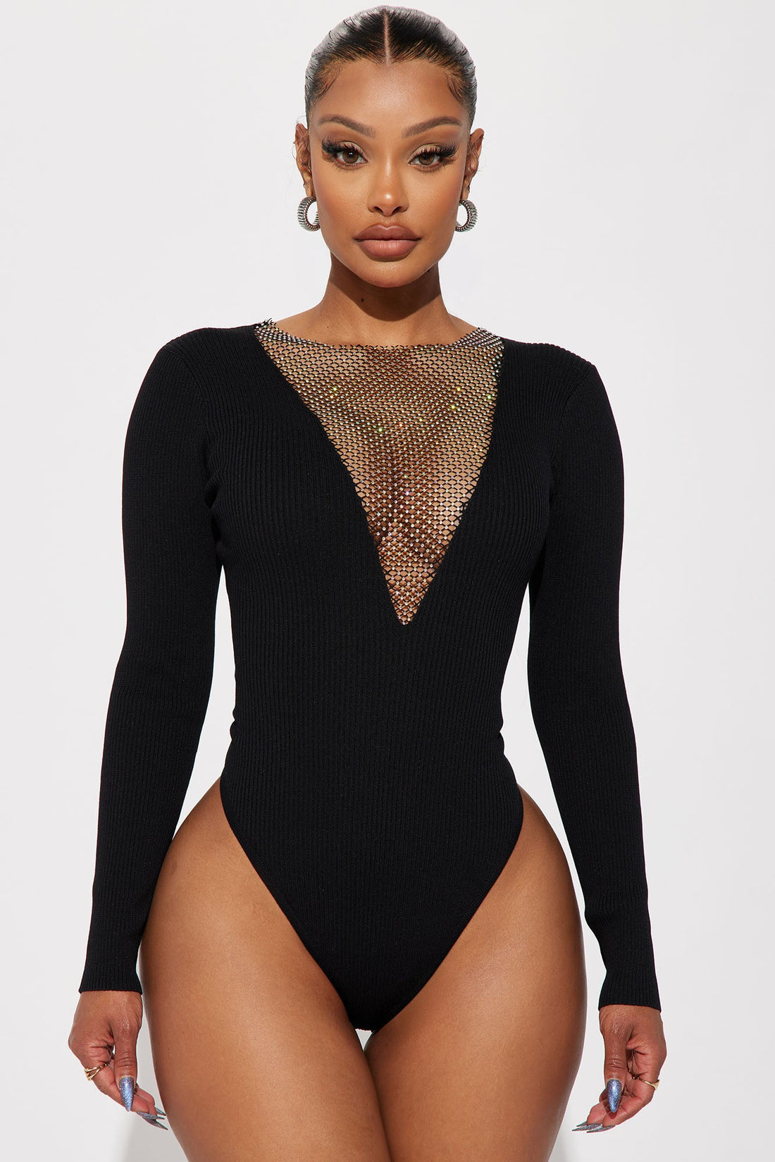 Camera Ready Rhinestone Bodysuit - Black