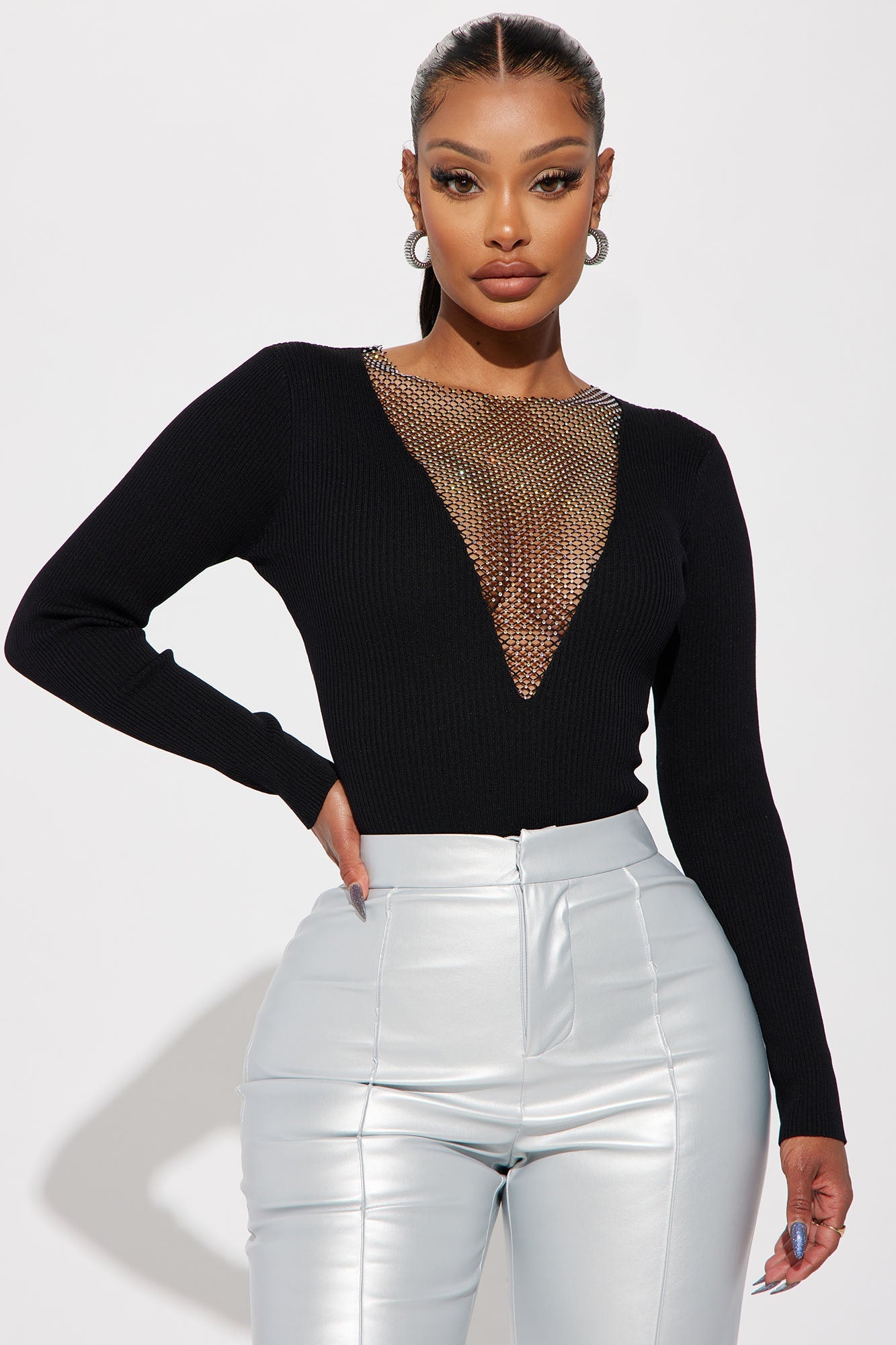 Camera Ready Rhinestone Bodysuit - Black