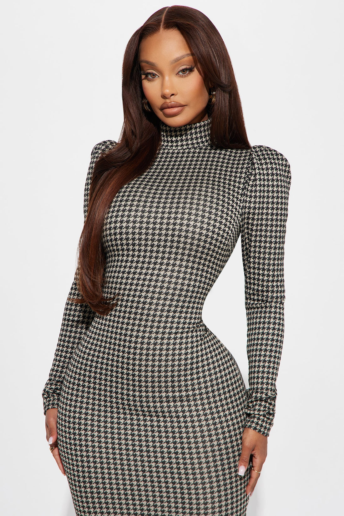 Stay Ready Houndstooth Midi Dress - Black/combo