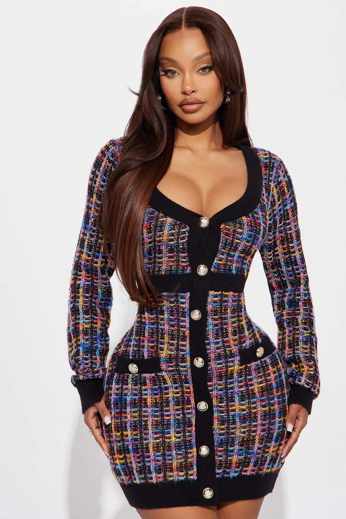 Boss Babe Plaid Sweater Mini Dress - Black/combo