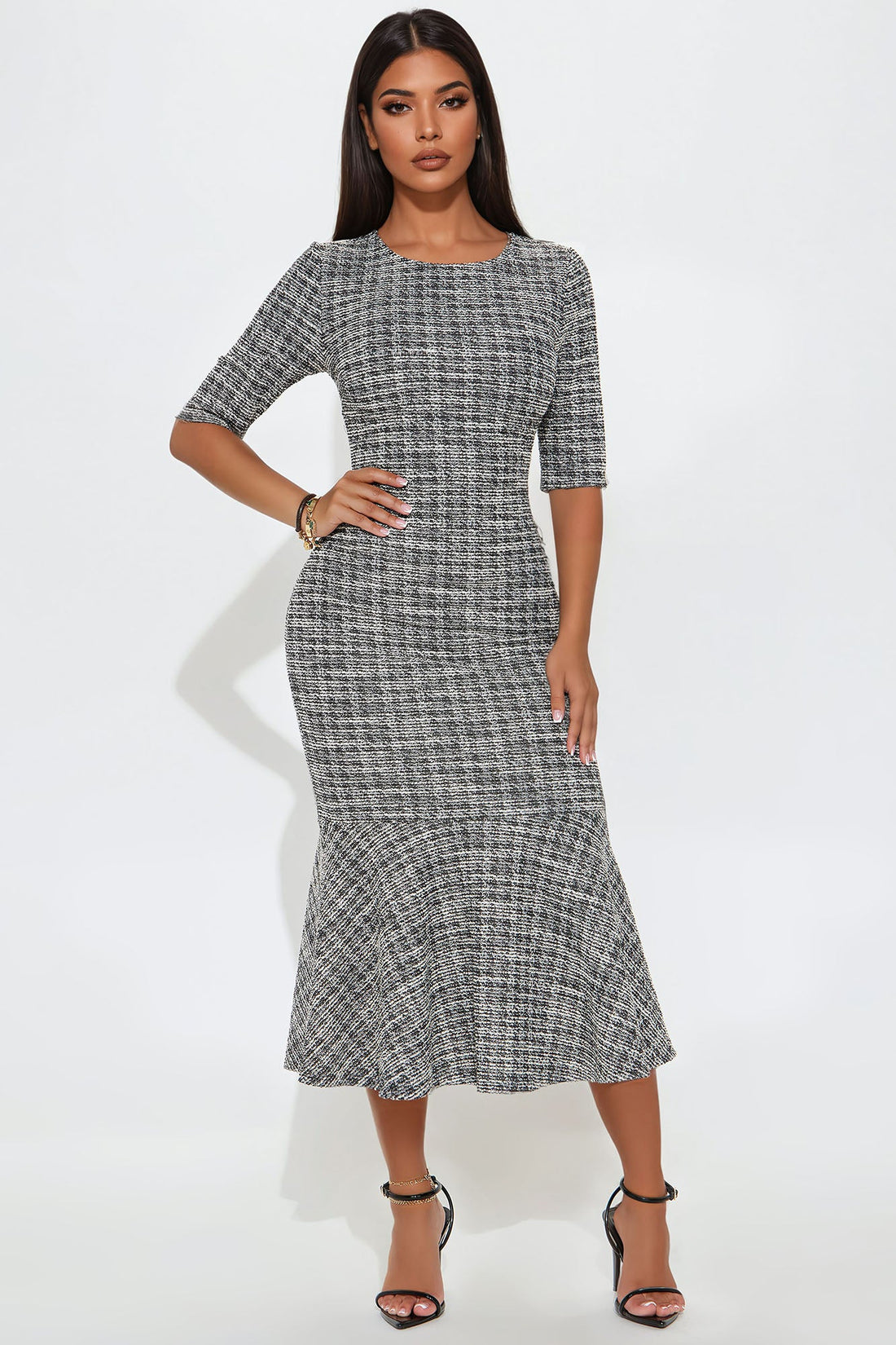 Cara Stretch Tweed Midi Dress - Black