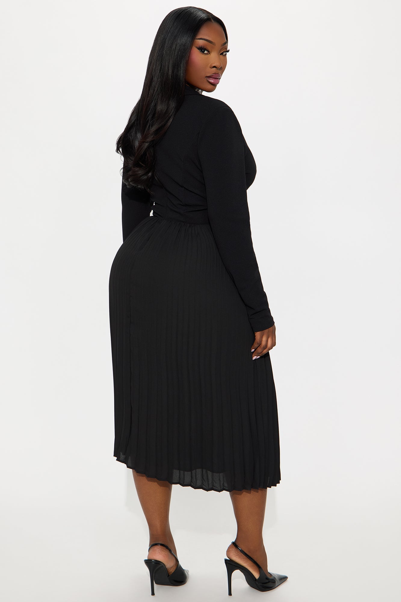 Valli Collar Pleated Midi Dress - Black