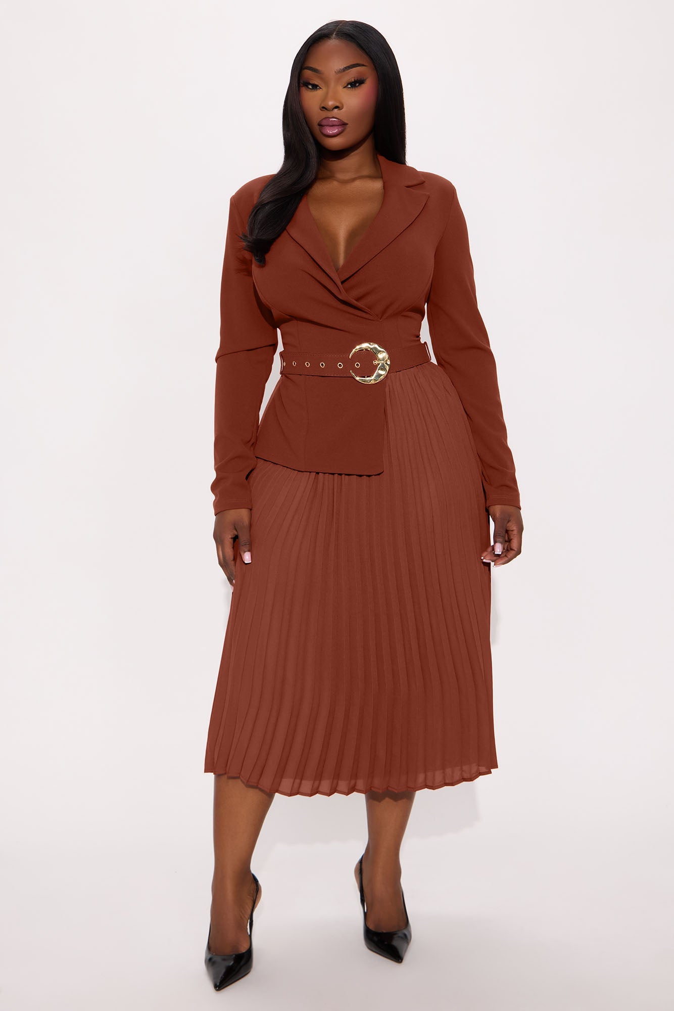 Valli Collar Pleated Midi Dress - Cognac