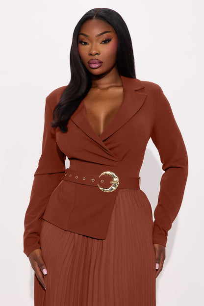 Valli Collar Pleated Midi Dress - Cognac