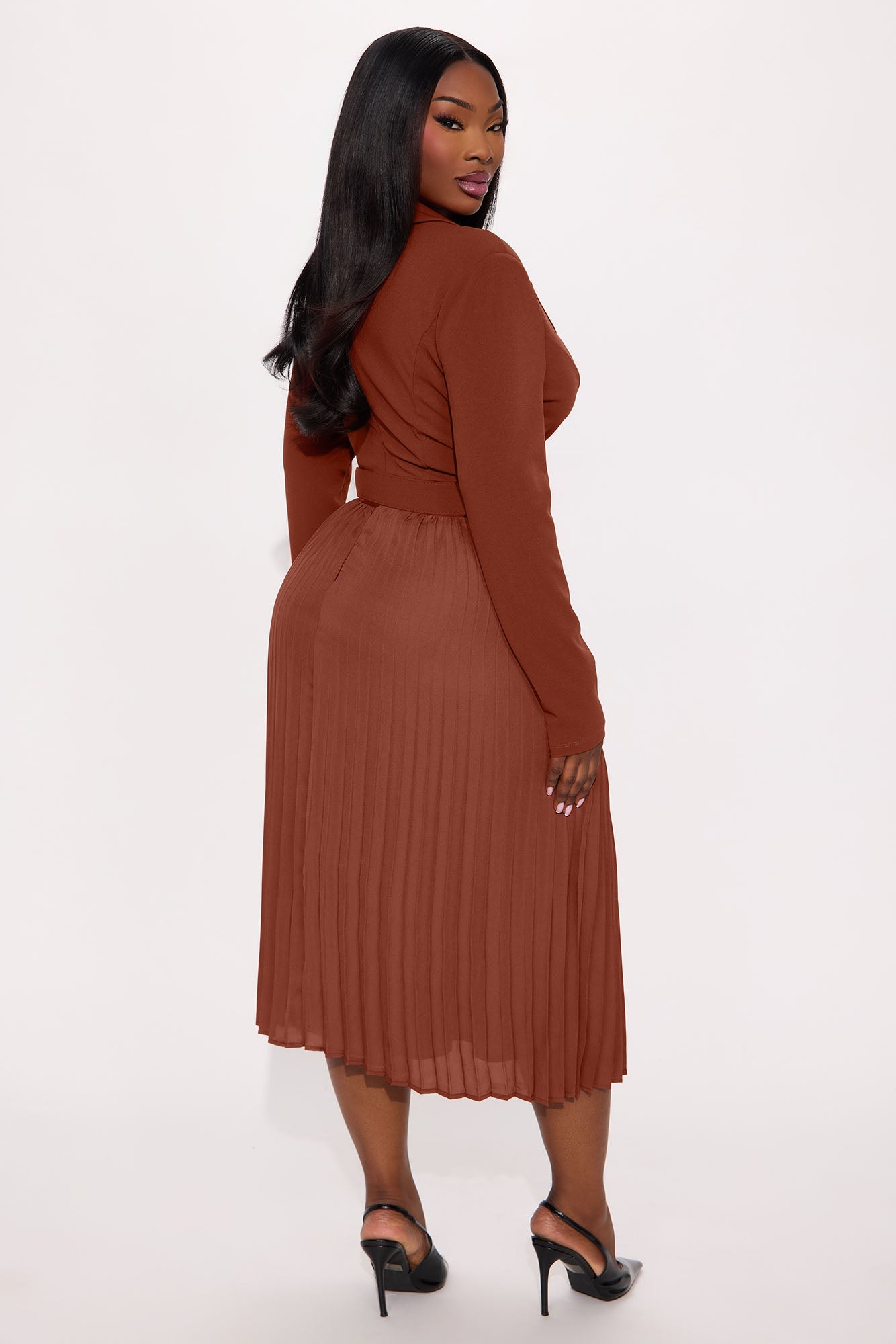 Valli Collar Pleated Midi Dress - Cognac