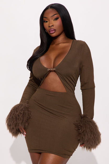 Fuzzy Chic Ribbed Mini Dress - Chocolate