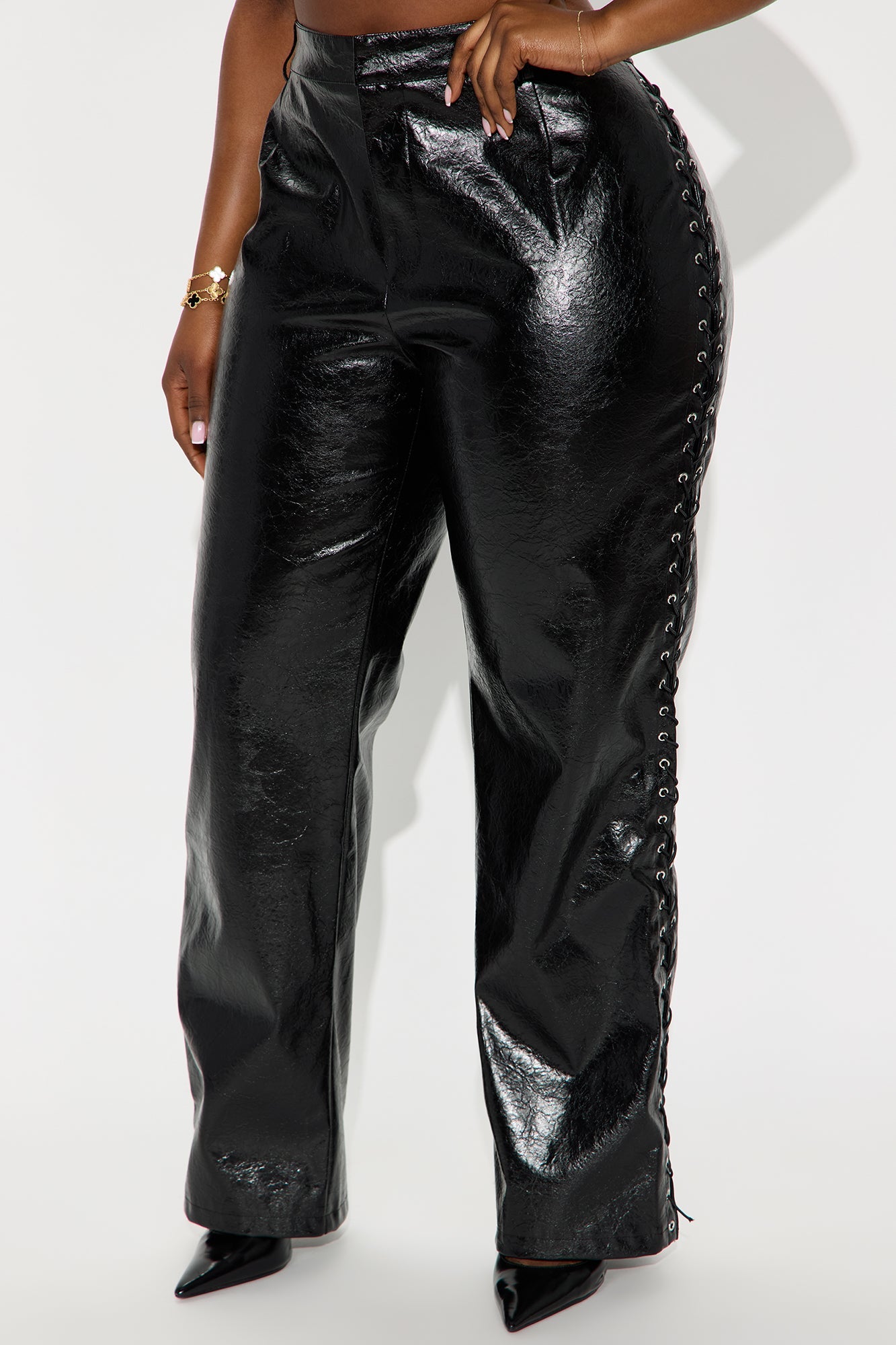Claim To Fame Faux Leather Lace Up Pant 33″ - Black