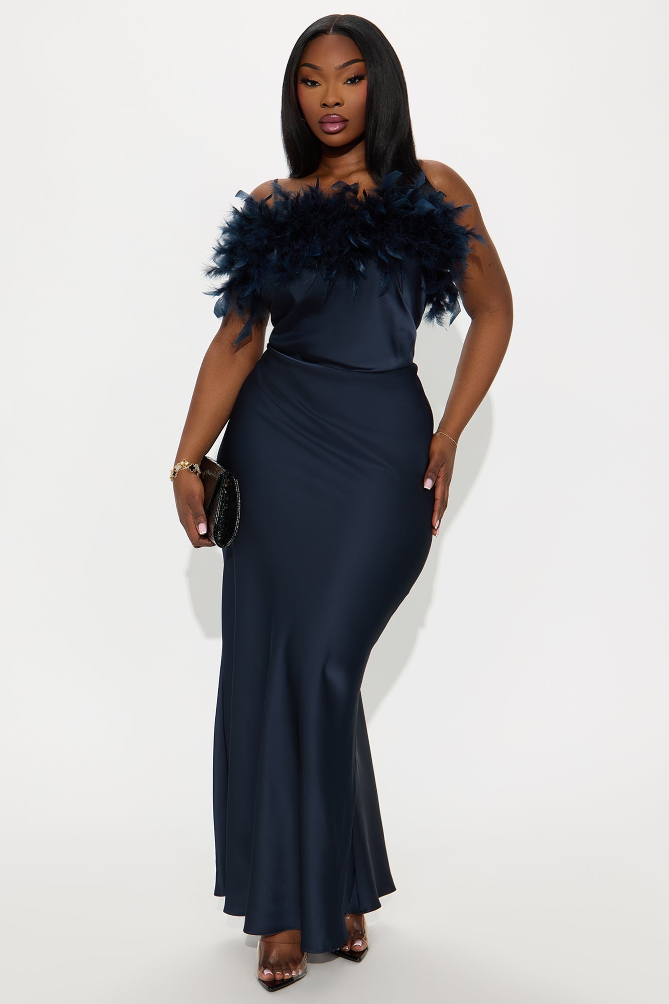 Aribella Feathered Satin Gown - Navy