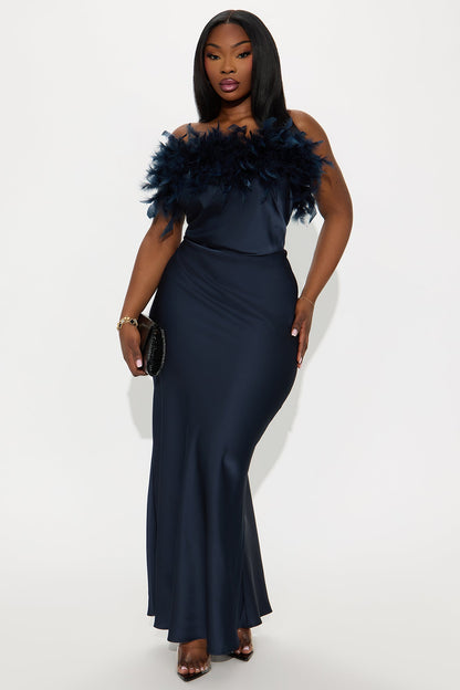 Aribella Feathered Satin Gown - Navy