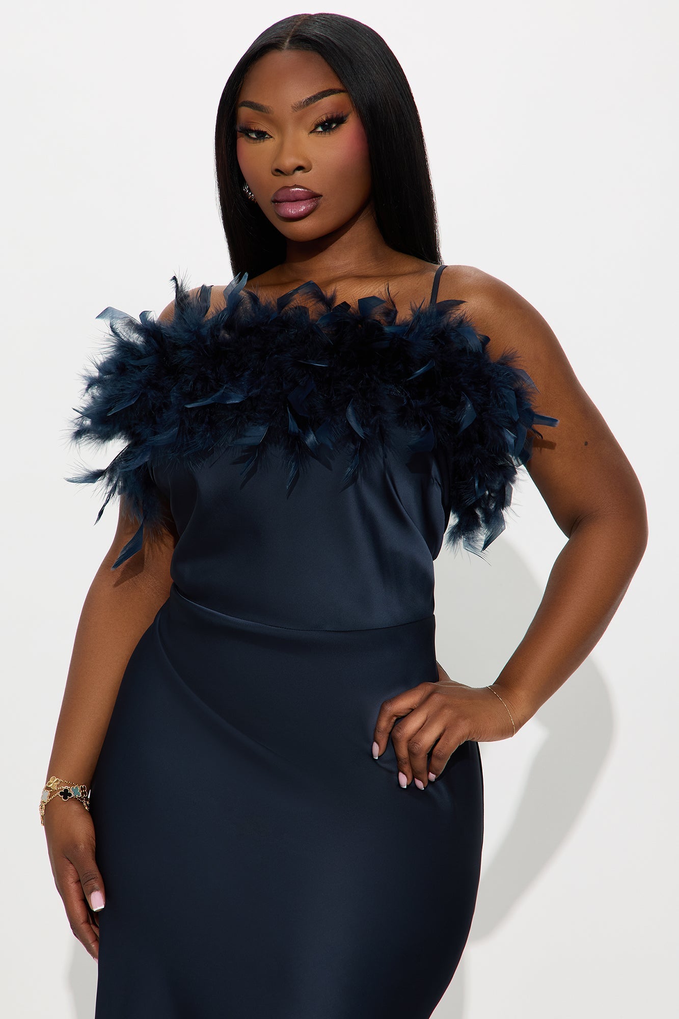 Aribella Feathered Satin Gown - Navy