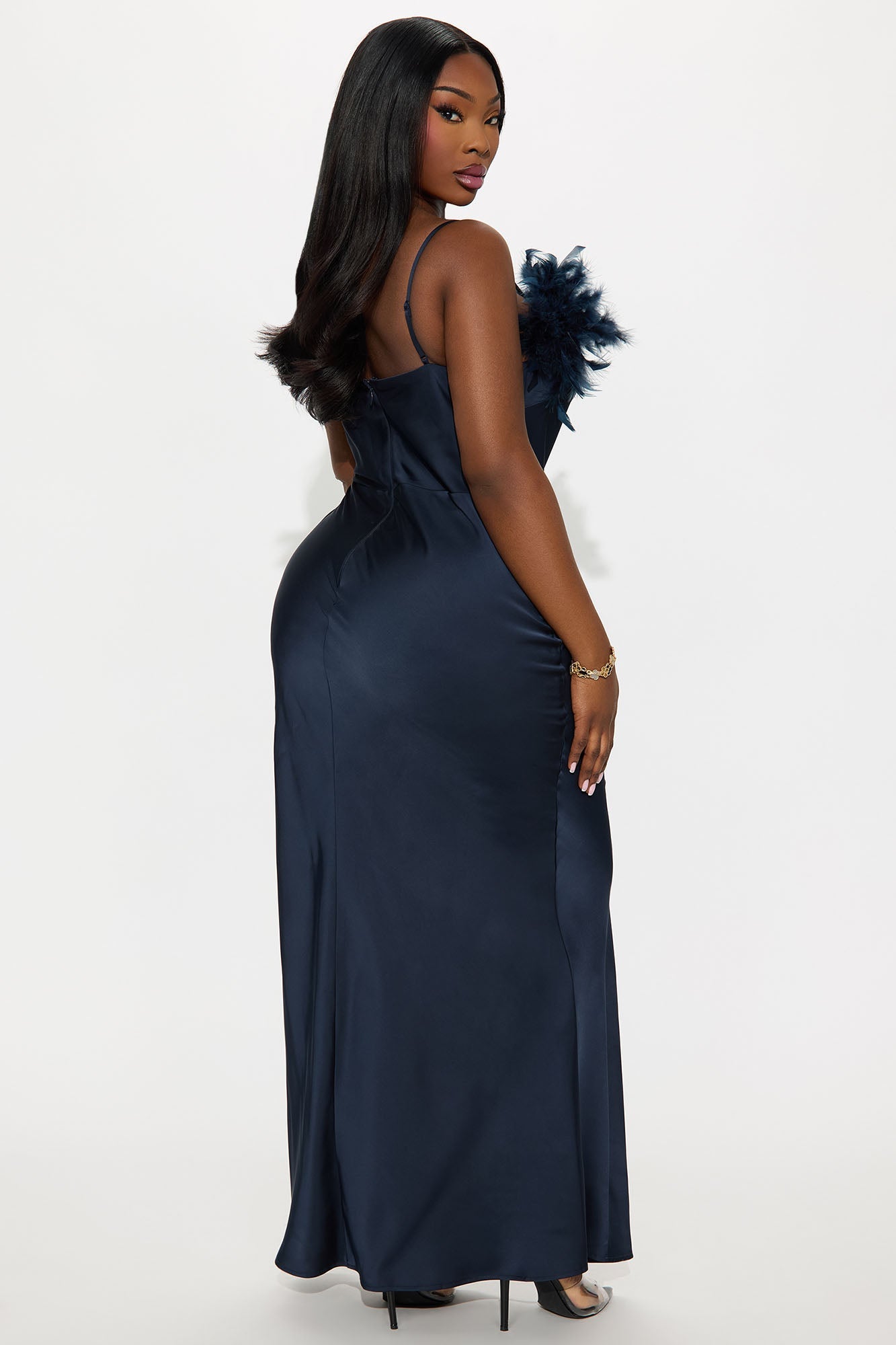 Aribella Feathered Satin Gown - Navy