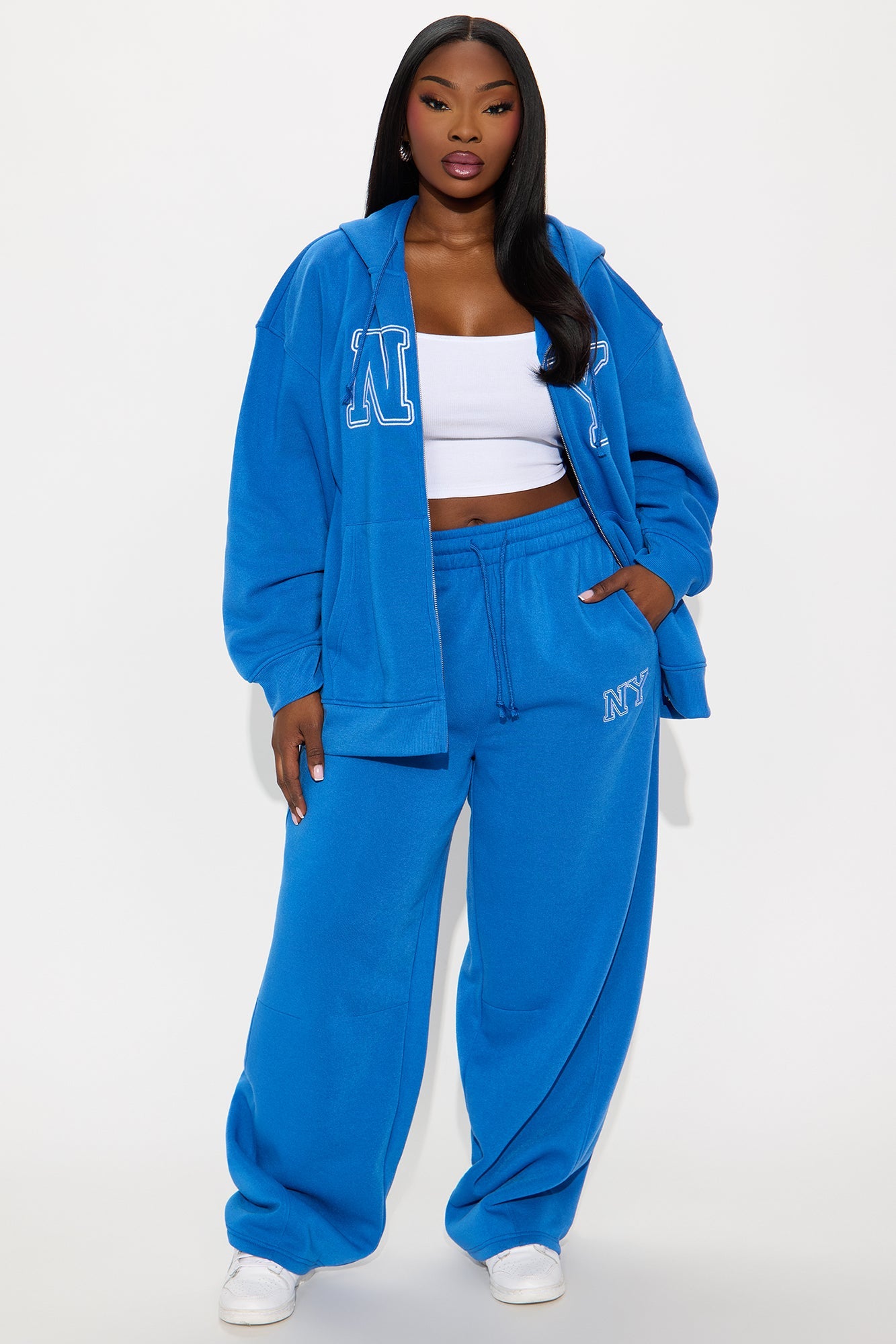 New York Fleece Hoodie Barrel Leg Pant Set - Blue
