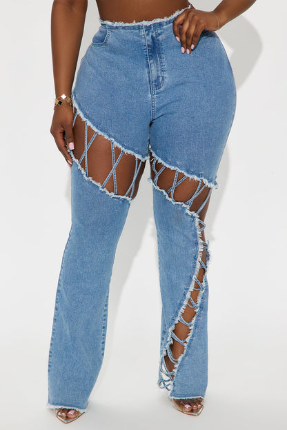 Problem Solved Stretch Lace Up Bootcut Jeans - Medium Wash